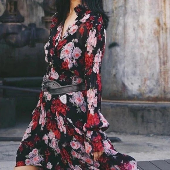 The Kooples Dresses & Skirts - The Kooples Black Floral Ruffle V-Neck Button Casual Dress.  SZ US Small